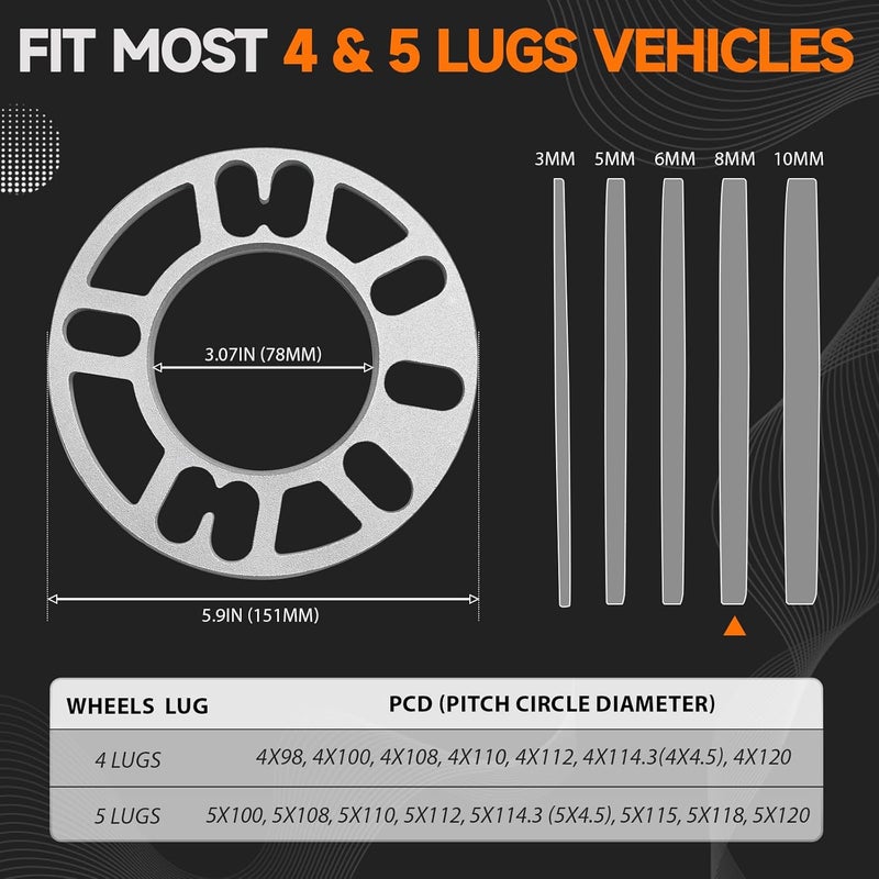 LUJIANI Store 4 Pack Universal Wheel Spacers, 5/16"(8mm) Die Cast Replacement Aluminum Spacer for 4 & 5 Lugs Wheels/Rims, Fits 98 to 120mm Multiple Bolts Pattern, 4x100, 4x108, 4x110, 5x114.3, 5x4.5, 5x120 - Image 2